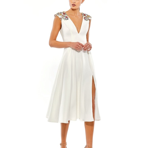 Mac Duggal Cap Sleeve Multi Gem Embellished White Midi Dress - Picture 3 of 7